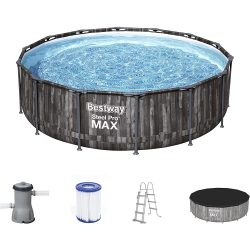    Bestway Naxos Steel Pro Max fémvázas fa hatású medence vízforgatóval, létrával és takaróval 427 x 107 cm (új)